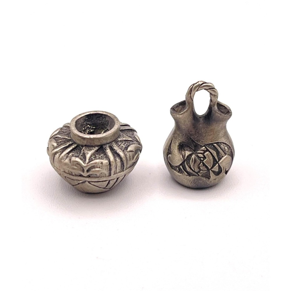 Miniature Pewter Vase Basket Set Etched Southwest Style Dollhouse